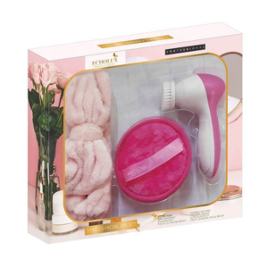 Personal Care Kit Spa Headband Bow Hair Band Powder Puff & Electric Spin Facial Cleaning Brush